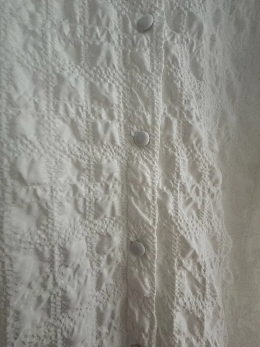 Zara White Textured V-Neck Midi Dress with Puff Sleeves